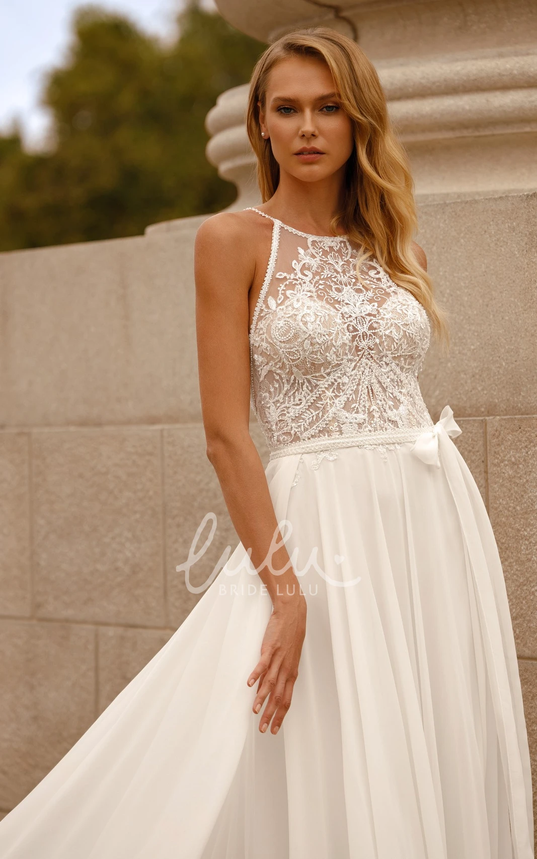 Charming Beach Hanging Neck Bohemian Lace Chiffon Trailing Long Dress