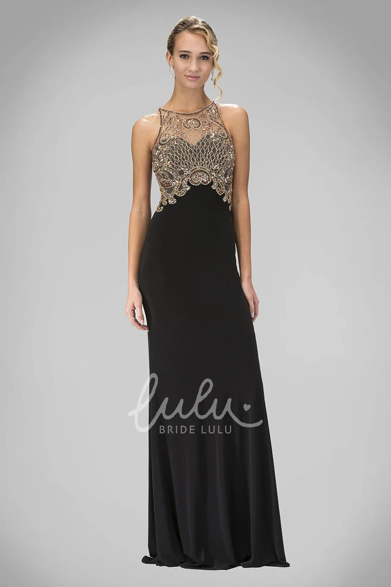 Illusion Scoop-Neck Sheath Jersey Prom Dress with Beading