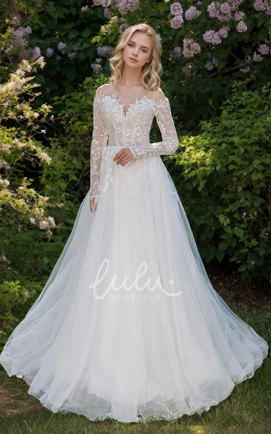 Elegant Boho A-line Floral Wedding Dress Long Sleeve Lace Court Train Gown