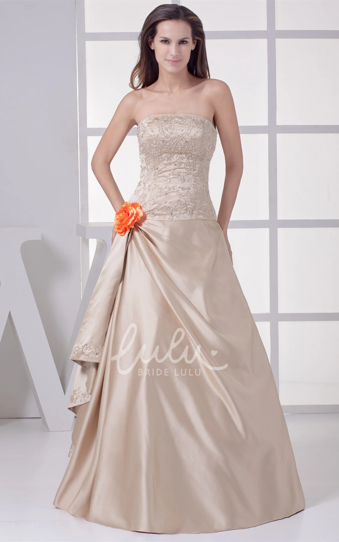 Strapless A-Line Satin Evening Gown with Beading Formal Dress