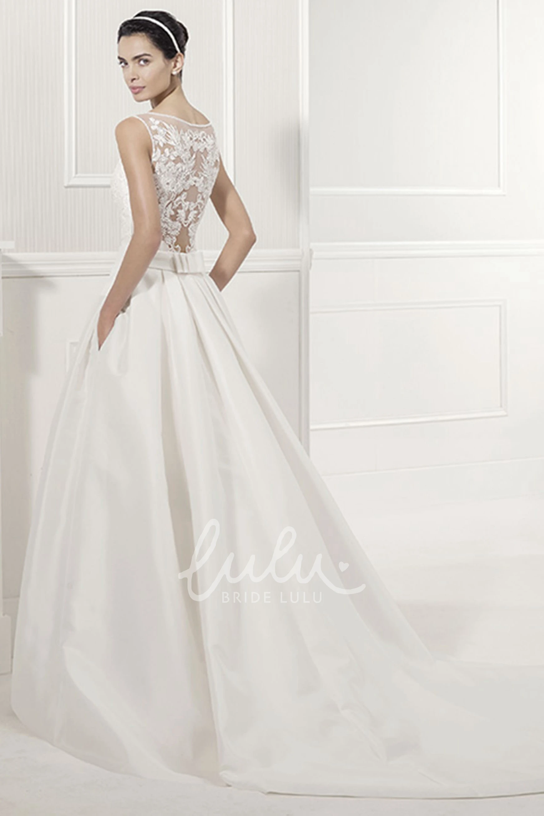 Taffeta Bridal Gown with Jewel Neck Lace Top and Bows