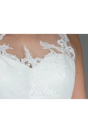 Embroidered Top A-Line Wedding Dress with Tulle Skirt and Illusion Neckline