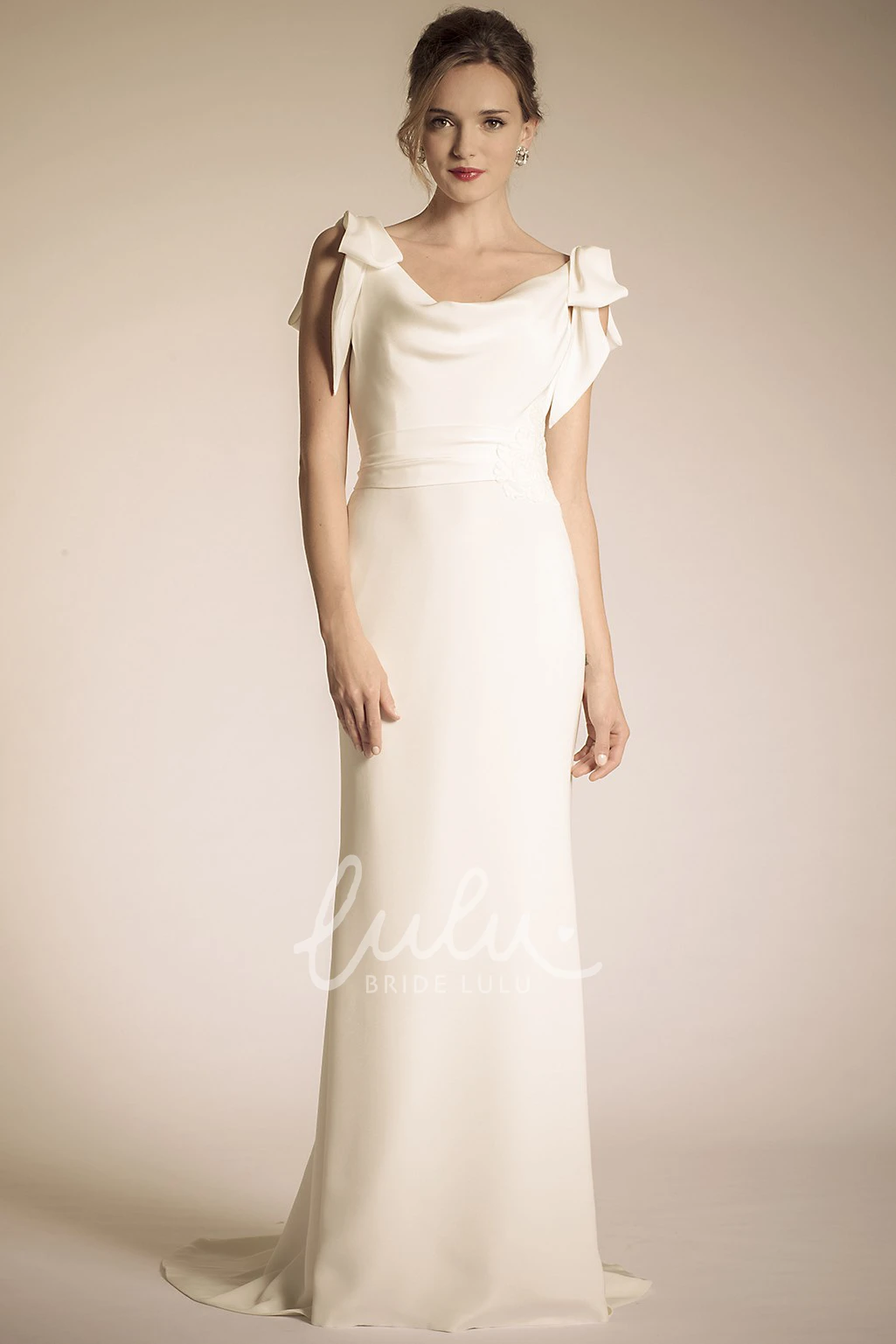 Chiffon Wedding Dress with Bowed Cowl and V-Back Sweep Train