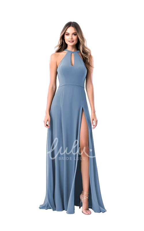 Ethereal Halter Chiffon Bridesmaid Dress A-Line Split Front Unique
