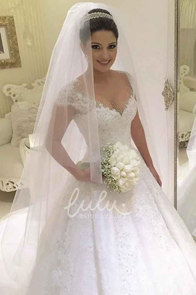 Cap Sleeve V-Neck Lace Gown with Court Train Luxury Beaded Modern