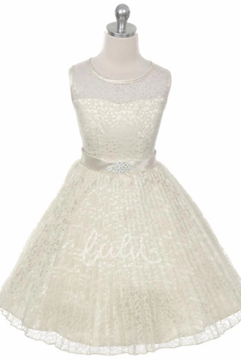 Pleated Lace Tea-Length Flower Girl Dress with Illusion Neckline