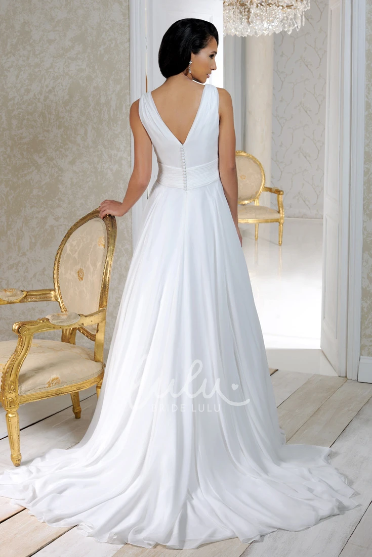Chiffon V-Neck Empire Wedding Dress with Pleats and Court Train
