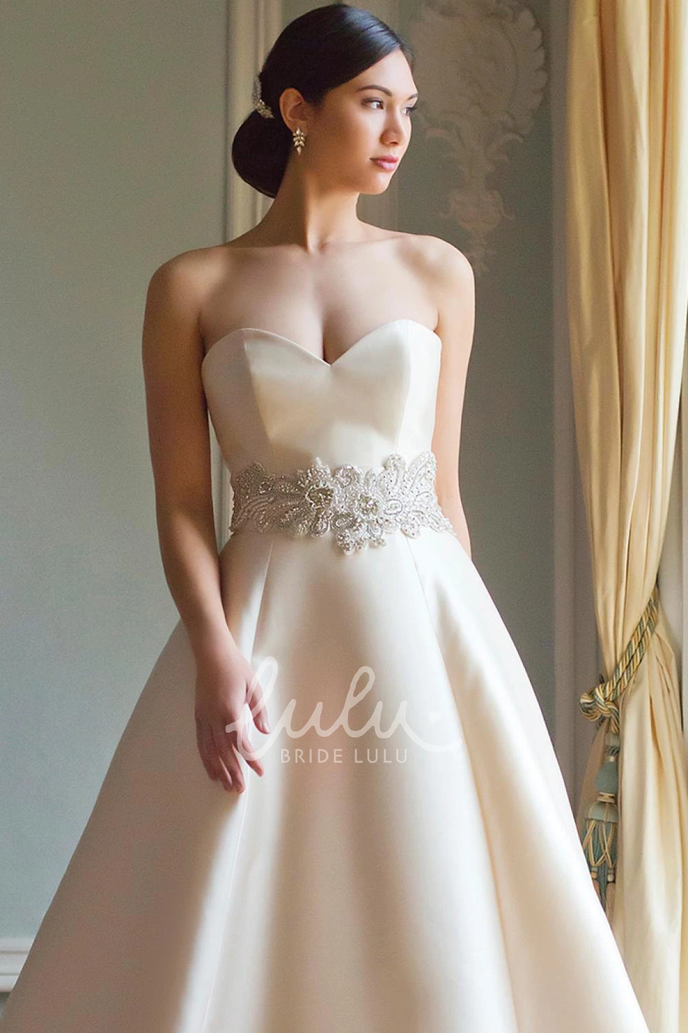 Satin A-Line Wedding Dress Sweetheart Floor-Length Waist Jewellery