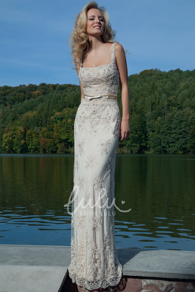 Square Appliqued Lace Sheath Prom Dress Sleeveless Floor-Length Dress with Bow