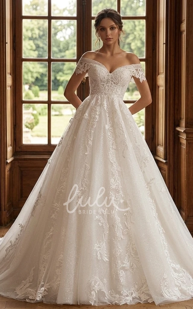 Western Floral Beach Lace A-Line Off-the-Shoulder Ball Gown Spring Wedding Dress with Court Train
