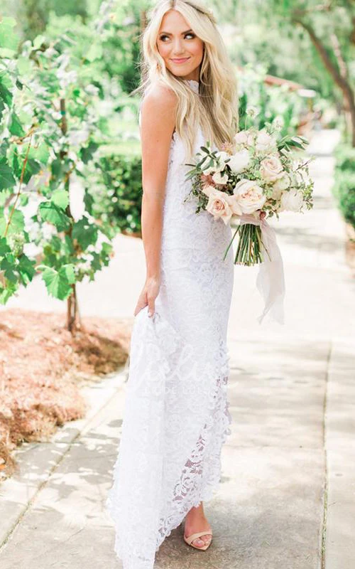 Lace High Neck Sleeveless Sheath Wedding Dress with Sweep Train Sexy & Modern