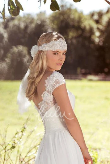 Chiffon Sheath Wedding Dress with Appliques V-Neck and Cap-Sleeves Long Length
