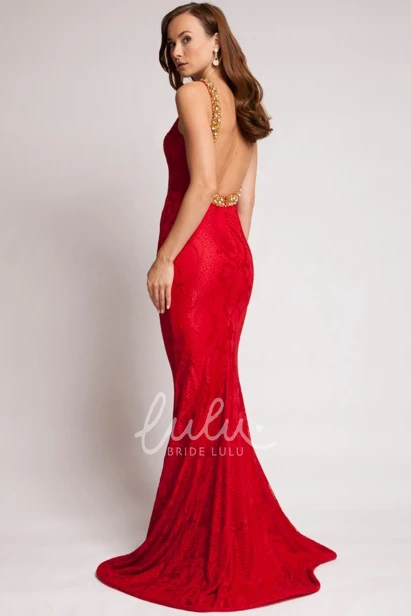 Beaded Sleeveless Lace Prom Dress with Backless Style Sheath Floor-Length
