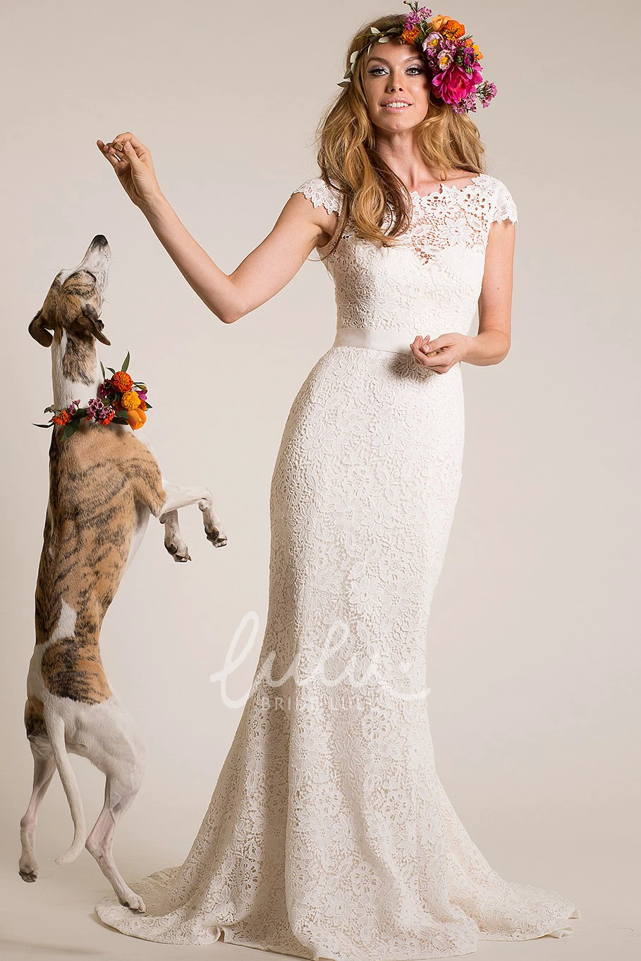 Cap-Sleeve Bateau-Neck Lace Wedding Dress with Bow and V-Back