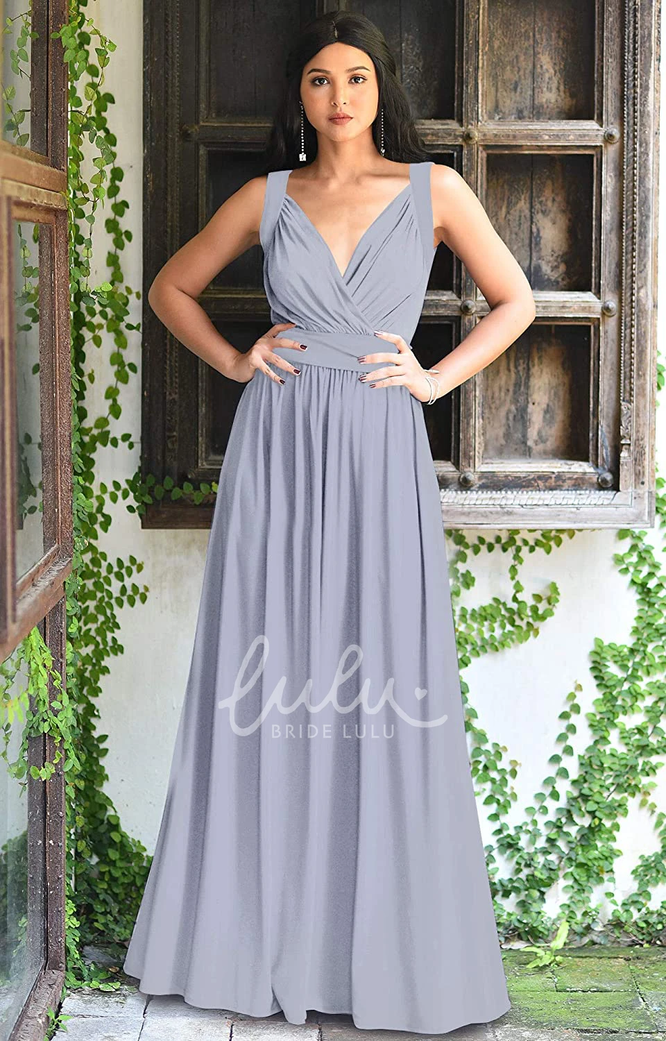 Chiffon V-neck A-line Bridesmaid Dress with Ruching Casual Floor-length