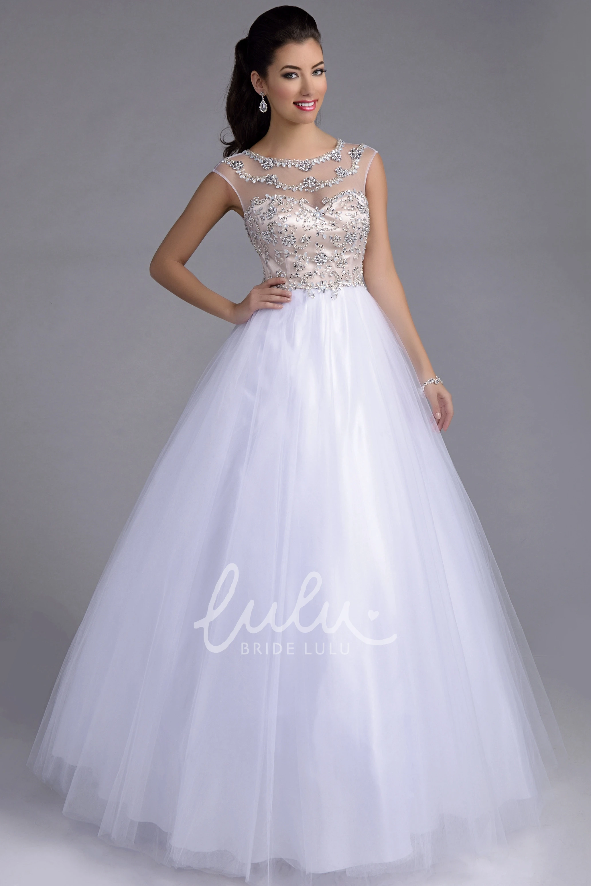 Illusion Back Tulle Cap Sleeve Prom Dress with Rhinestone Bodice
