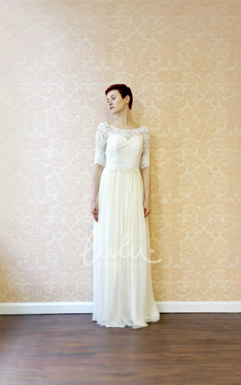 Sheath Chiffon Wedding Dress with Lace and Pleats Classy Bridal Gown