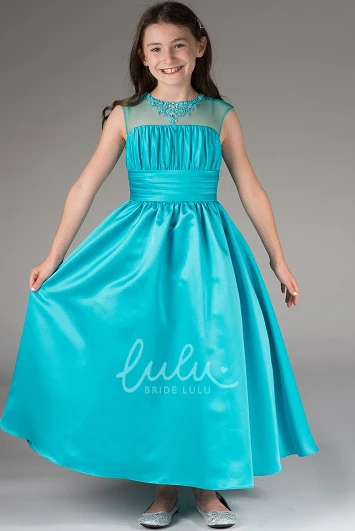 Crystal Neck Cap Sleeve Taffeta Flower Girl Dress with Bandage Elegant Ankle Length