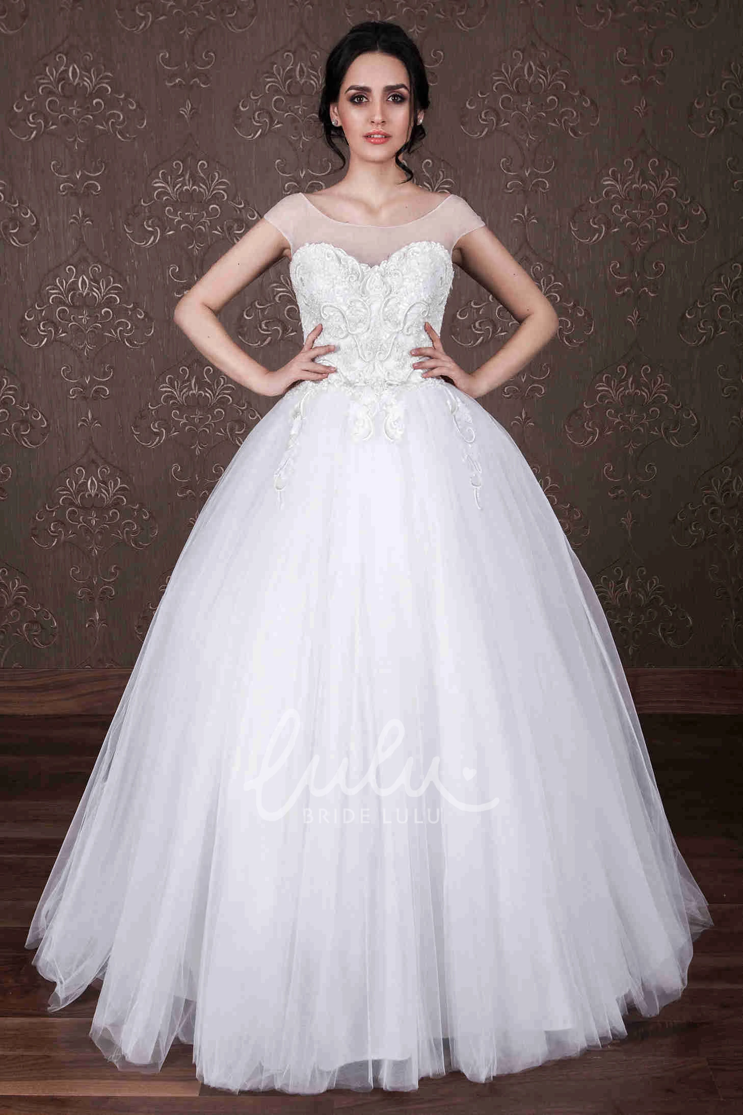 Ball Gown Tulle Wedding Dress With Embroidery Scoop-Neck Cap-Sleeve Beaded Unique