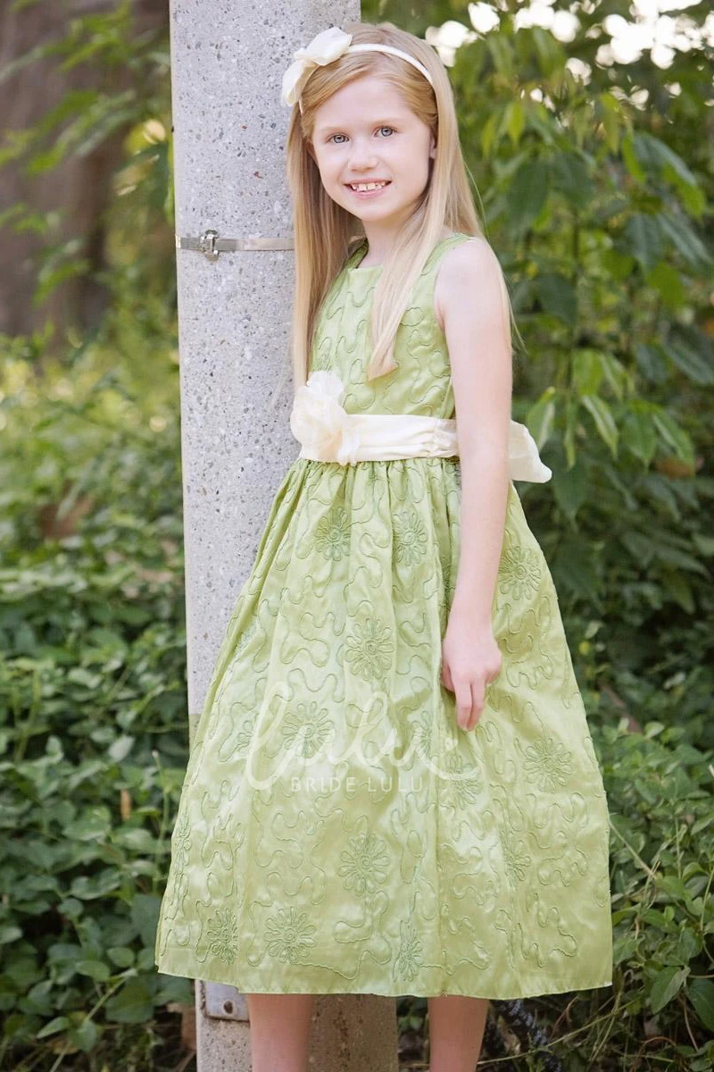 Embroidered Tea-Length Taffeta Flower Girl Dress with Floral Design
