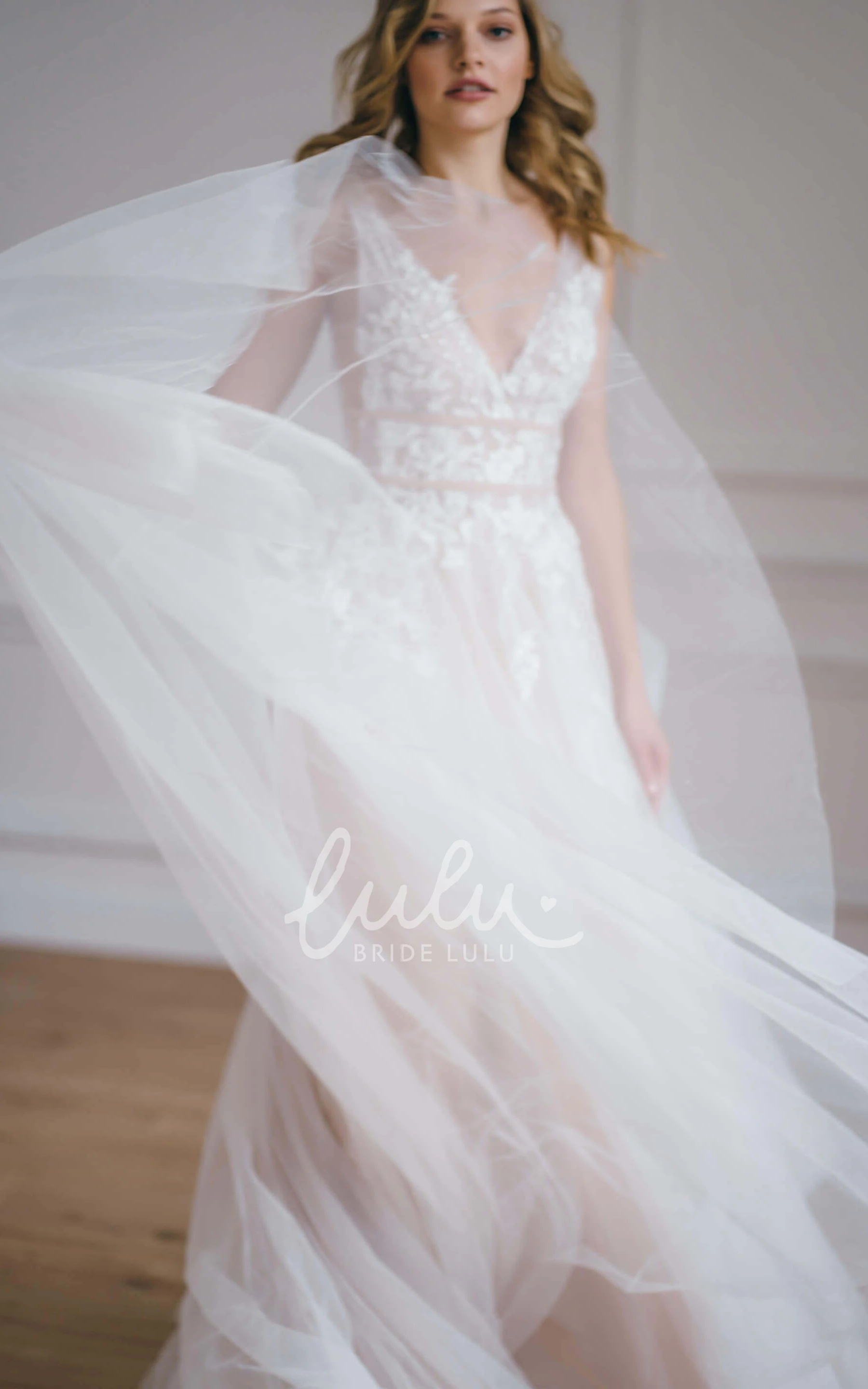 Tulle V-Neck A-Line Wedding Dress with Floor-Length & Bow