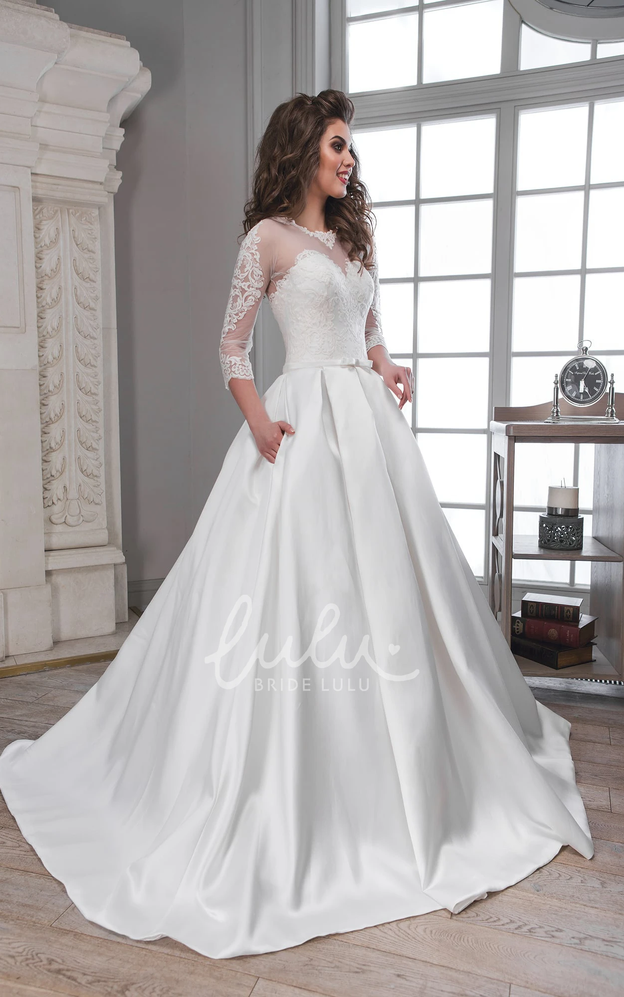 Satin Illusion Wedding Dress with 3/4 Sleeves and Appliques