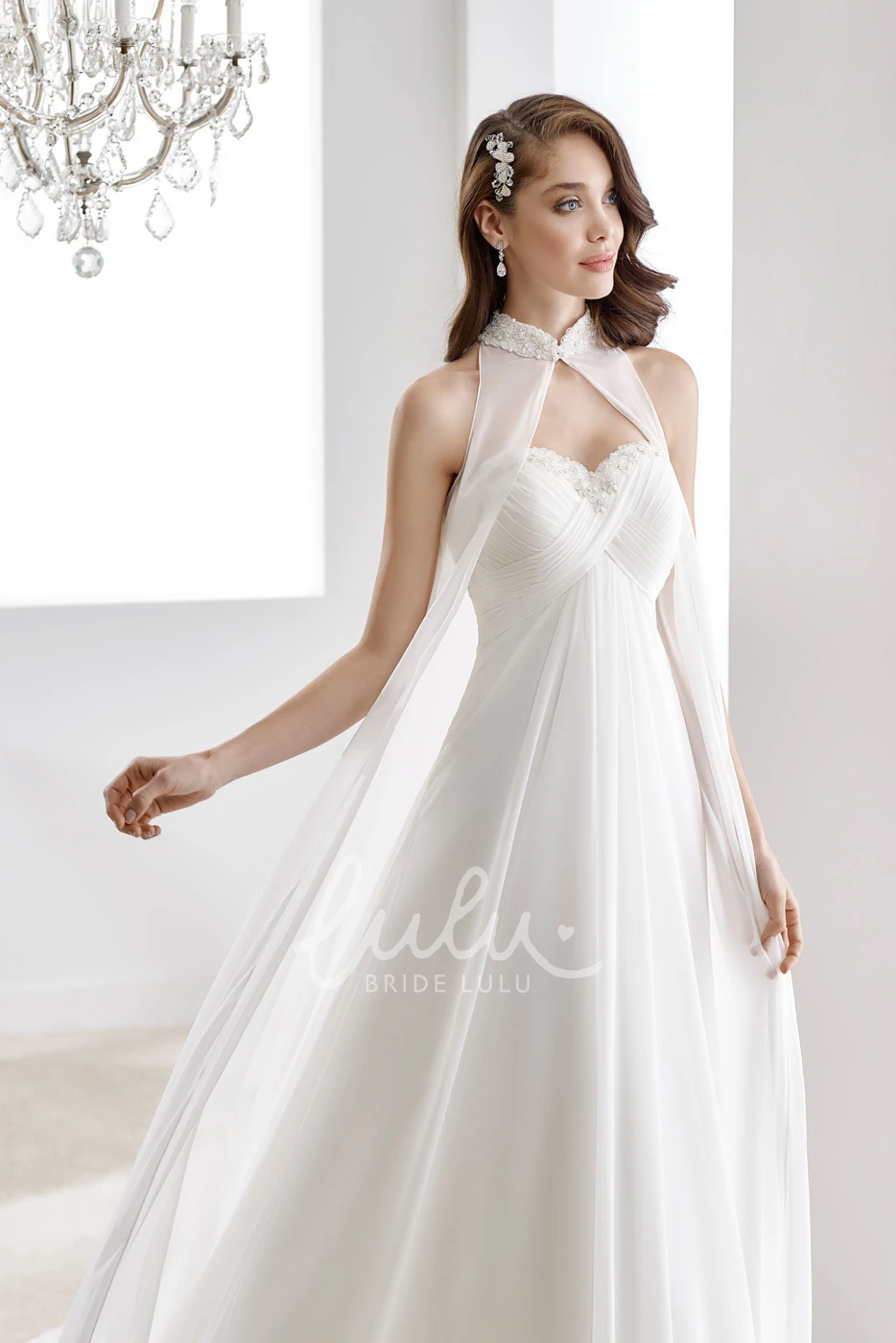 Draping Chiffon Wedding Dress with Beaded Details High-Neck Sweetheart & Crisscross Bust