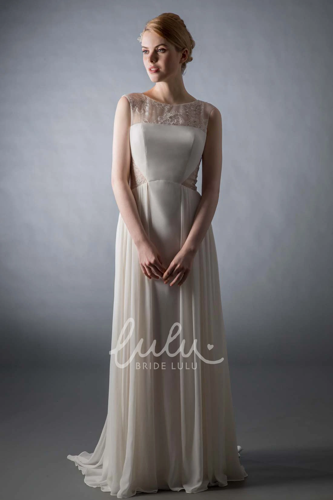 Sheath Beaded Satin&Chiffon Wedding Dress with Scoop Cap-Sleeve & Illusion Back