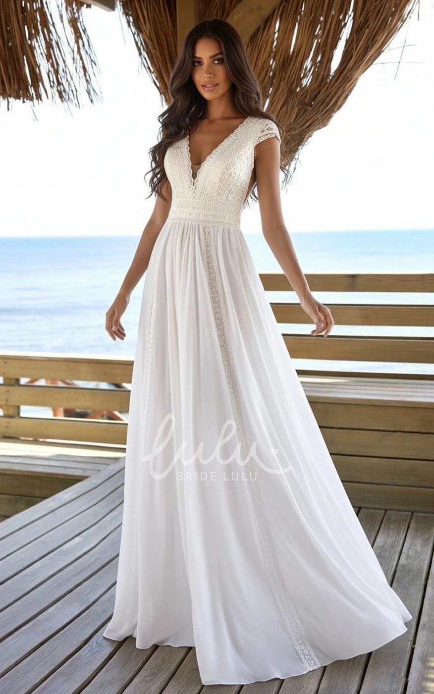 Beach A-Line Lace Boho Bridal Dress With Cap Sleeves Sexy Plunging V Neck Wedding Gown For Seaside Ceremonies