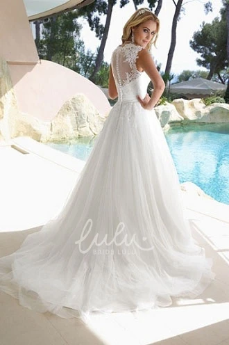 Queen Anne Illusion A-Line Wedding Dress with Tulle Elegant Bridal Gown