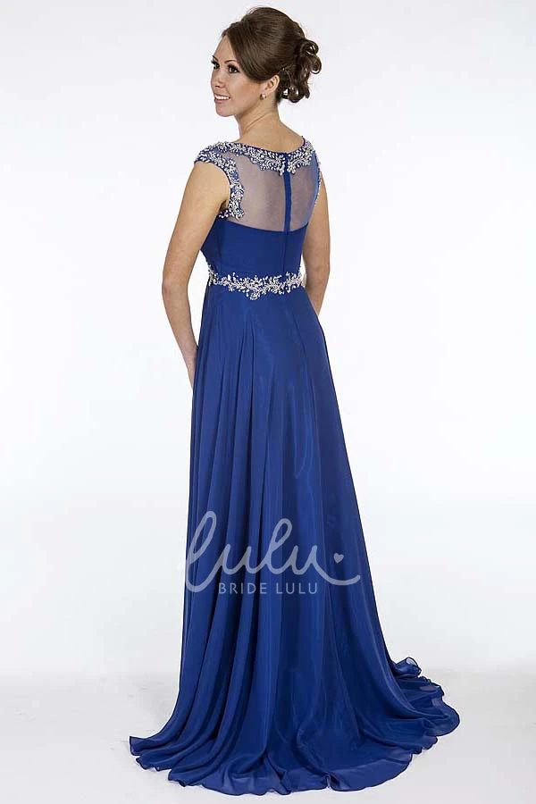 Empire Beaded Chiffon Prom Dress with Cap-Sleeves and Ruching A-Line