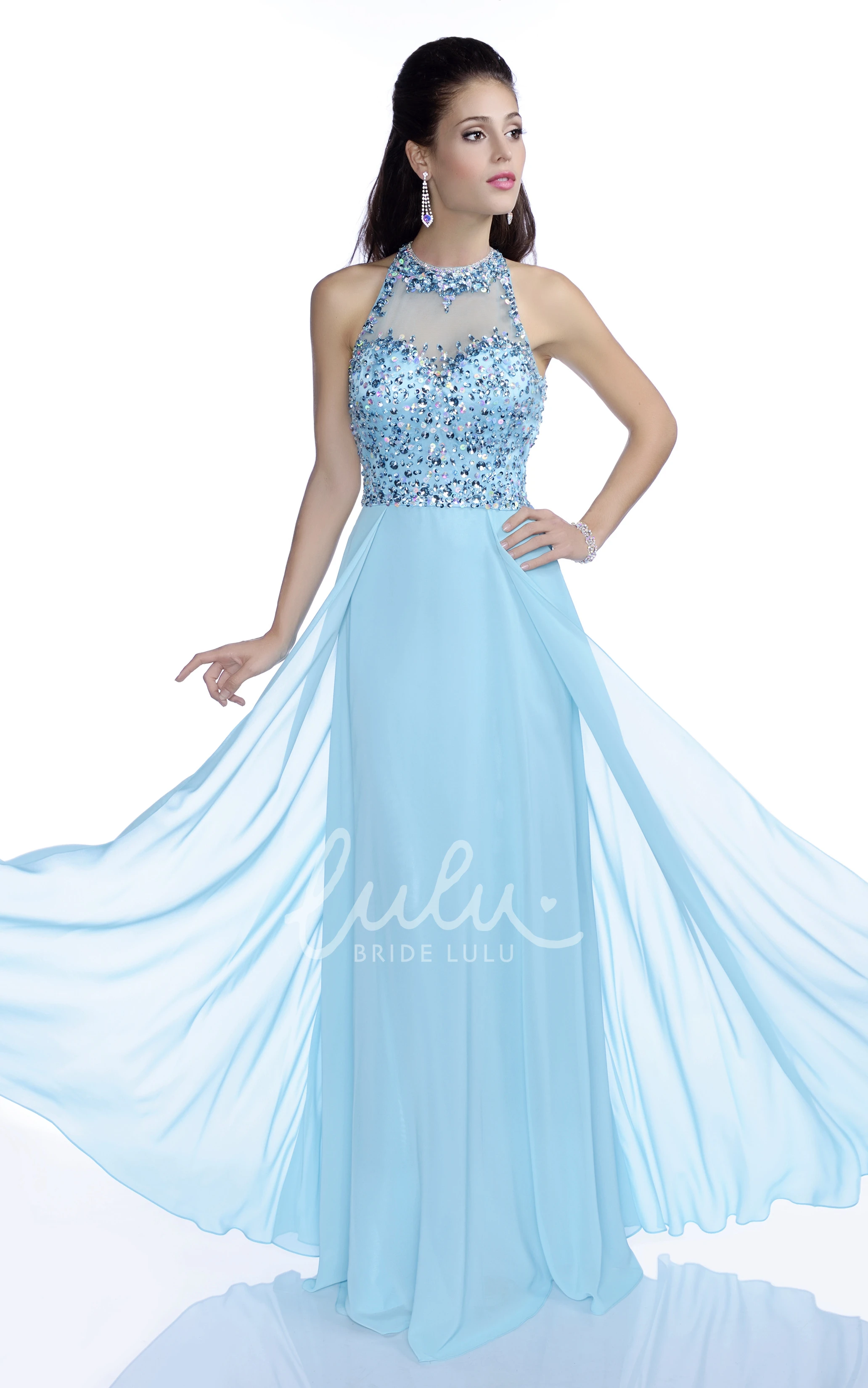 Chiffon A-Line Sleeveless Prom Dress with Beaded Bodice and Keyhole Back Elegant Prom Dress
