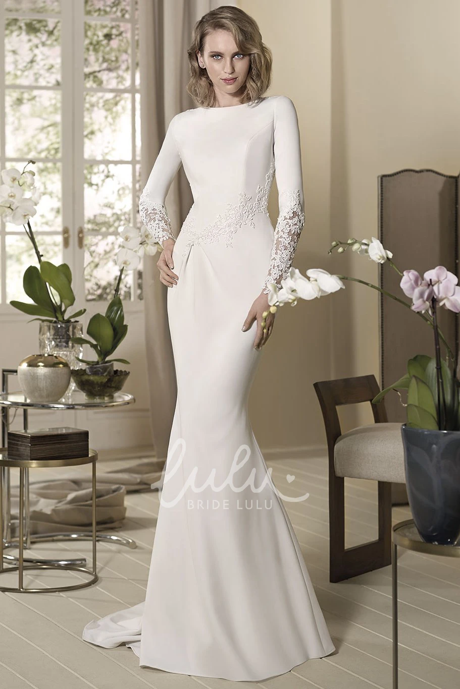 Long-Sleeve Sheath Jersey Wedding Dress with High-Neck and Appliques
