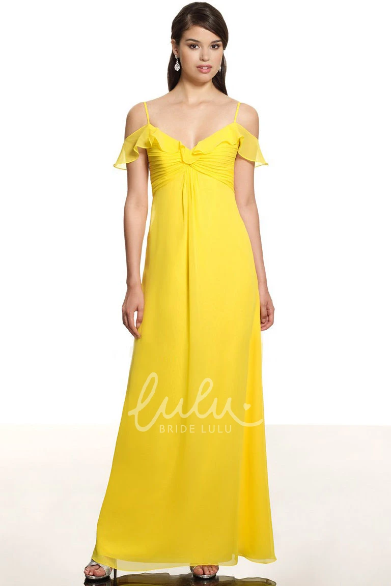Sleeveless Ruched Chiffon Bridesmaid Dress with Low-V Back Spaghetti Empire Style