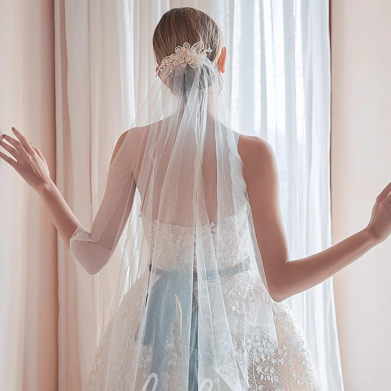 Gold Glittering Simple Style Tulle Mid Length Bridal Veil