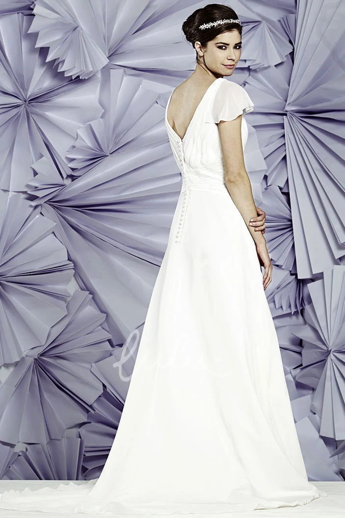 V-Neck Ruched Chiffon Wedding Dress with Poet Sleeves and Waist Jewelry Elegant Wedding Dress