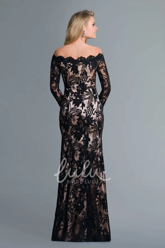 Off-The-Shoulder Lace Sheath Dress with Split Front and Long Sleeves