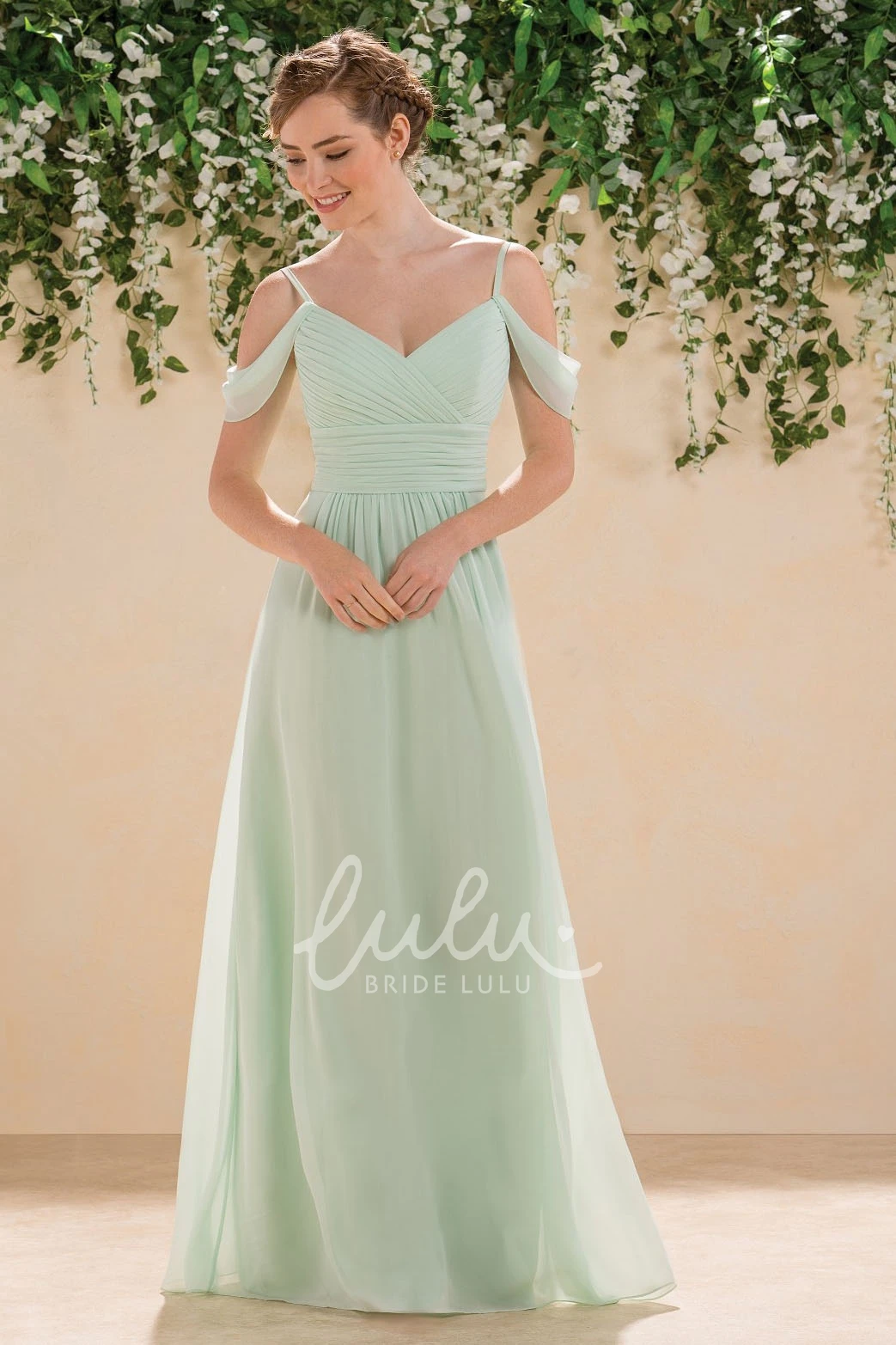 Floor-Length Off-Shoulder A-Line Bridesmaid Dress with Ruches and V-Back Modern Bridesmaid Dress