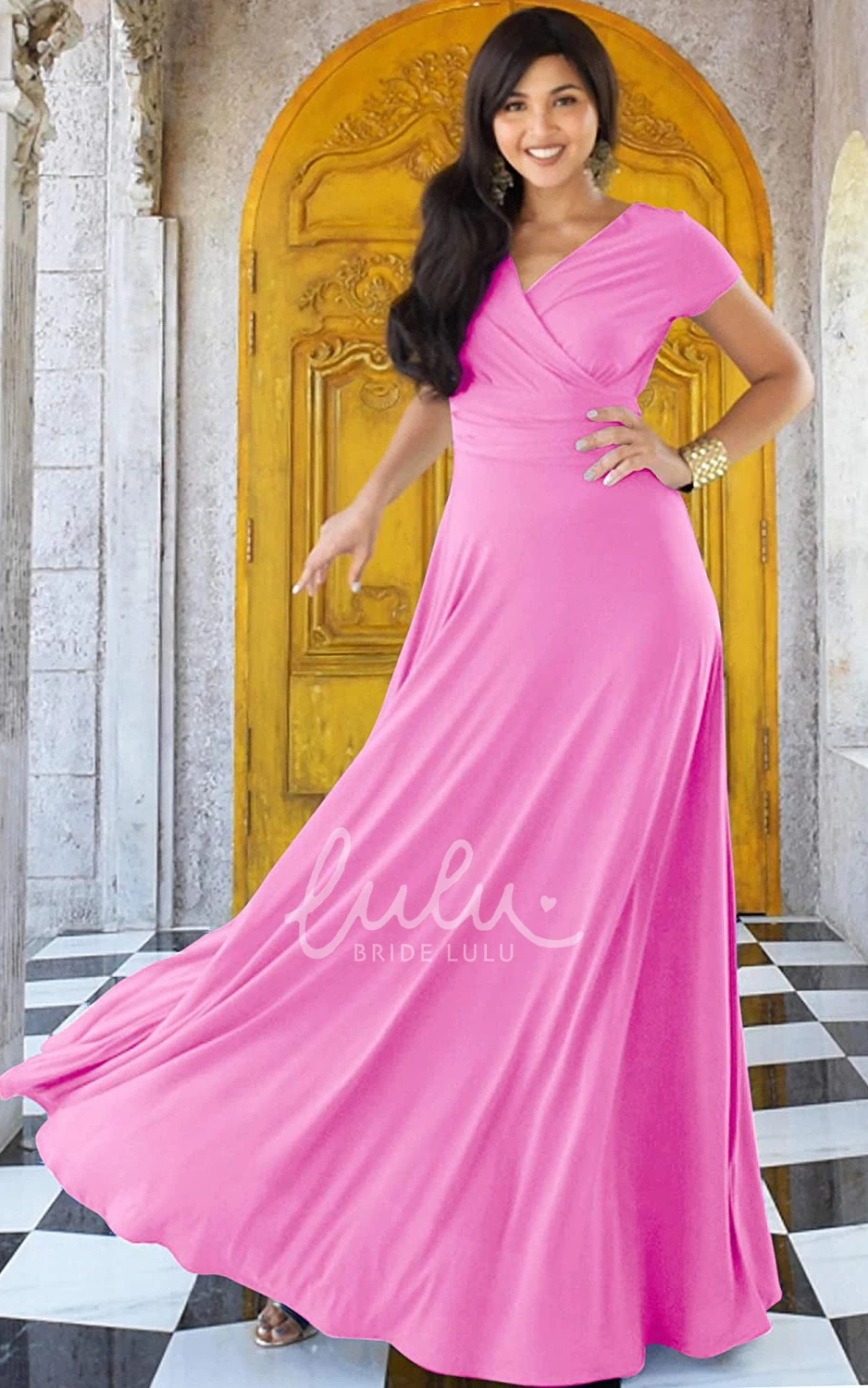 Simple Jersey V-neck A-line Evening Dress with Criss Cross and Pleats Prom Dress