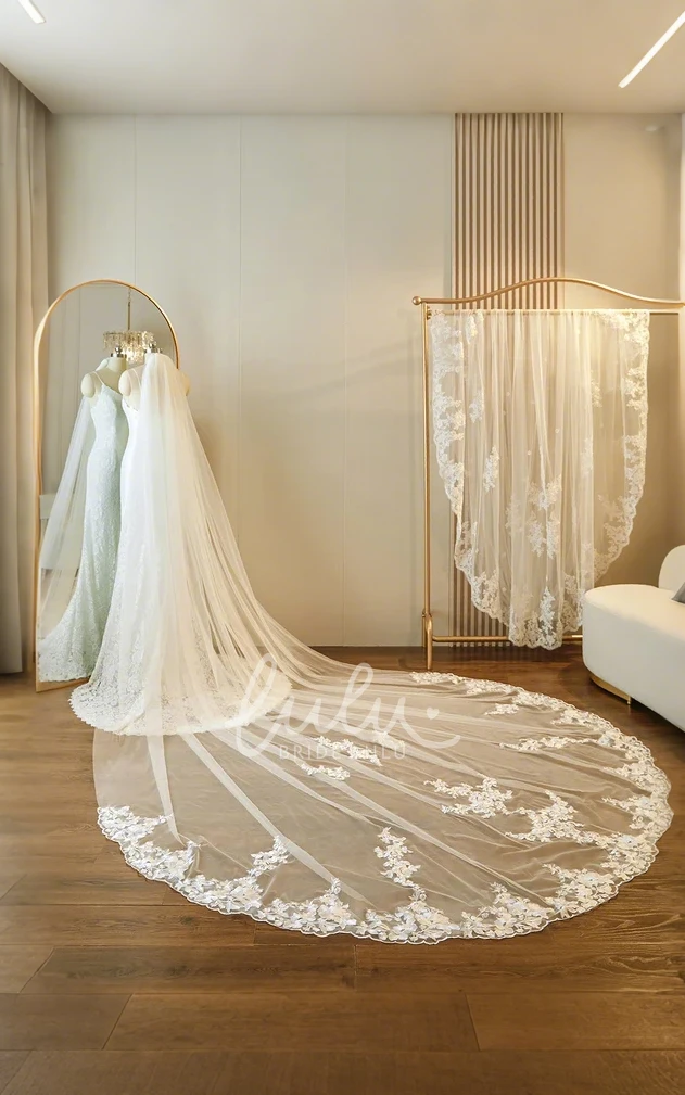 Modern Floral One-Tier Lace Edge Cathedral Length Tulle Oval Wedding Veil