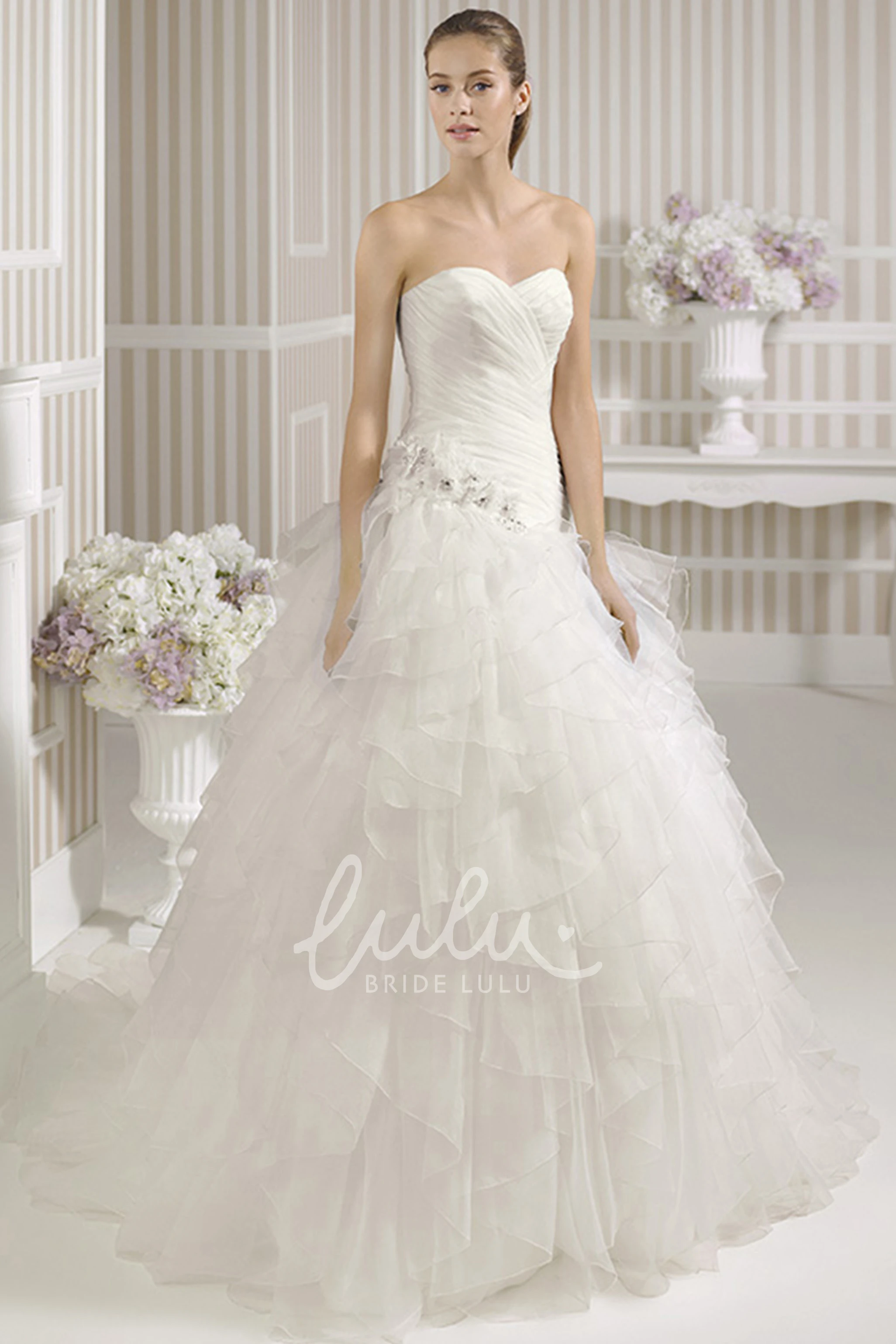 Ruffled Organza Sweetheart Ball Gown Wedding Dress with Criss Cross and Flowers