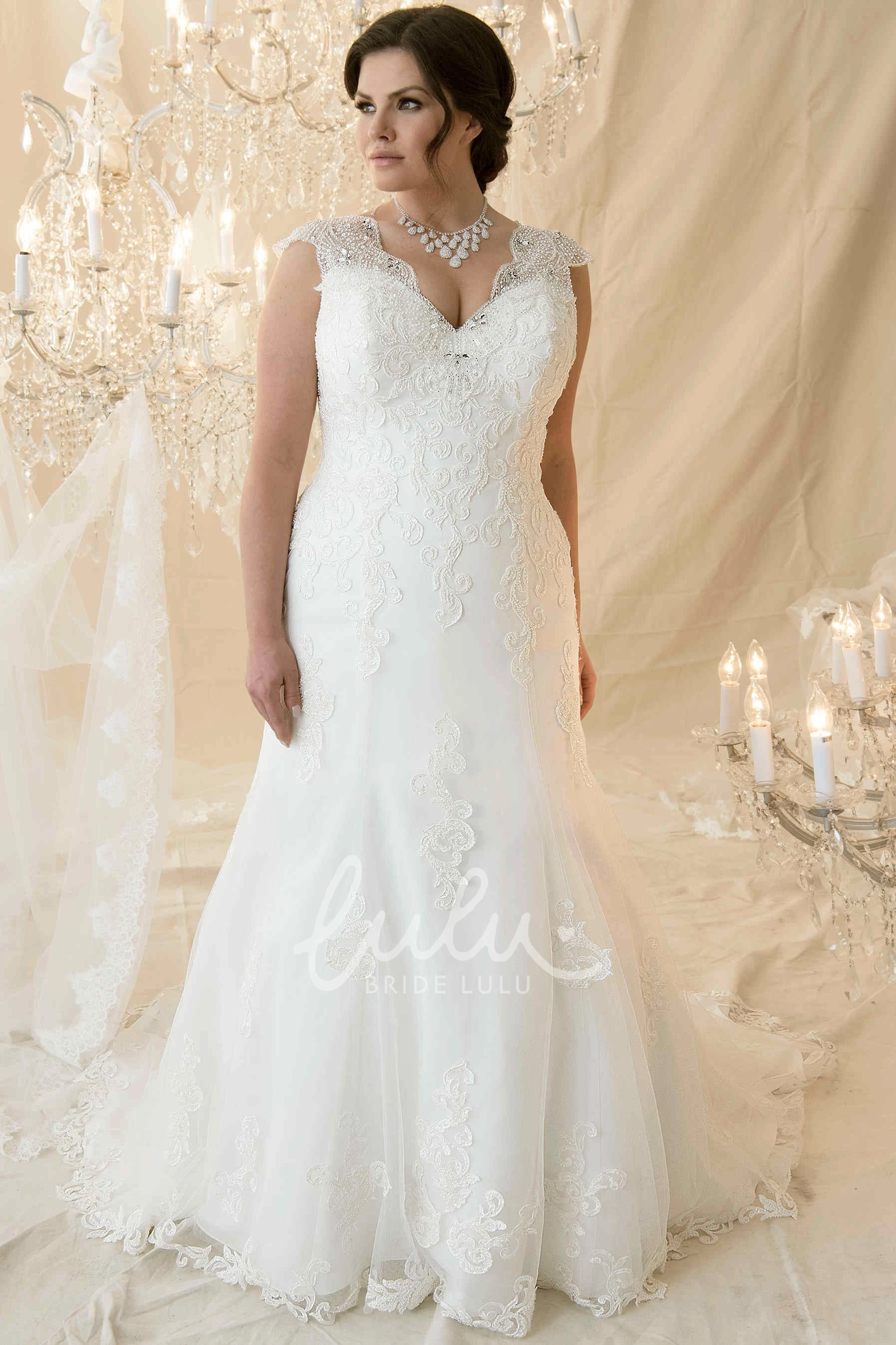Trumpet Cap-Sleeve Beaded V-Neck Lace Plus Size Wedding Dress with Corset Back Elegant Lace Wedding Dress