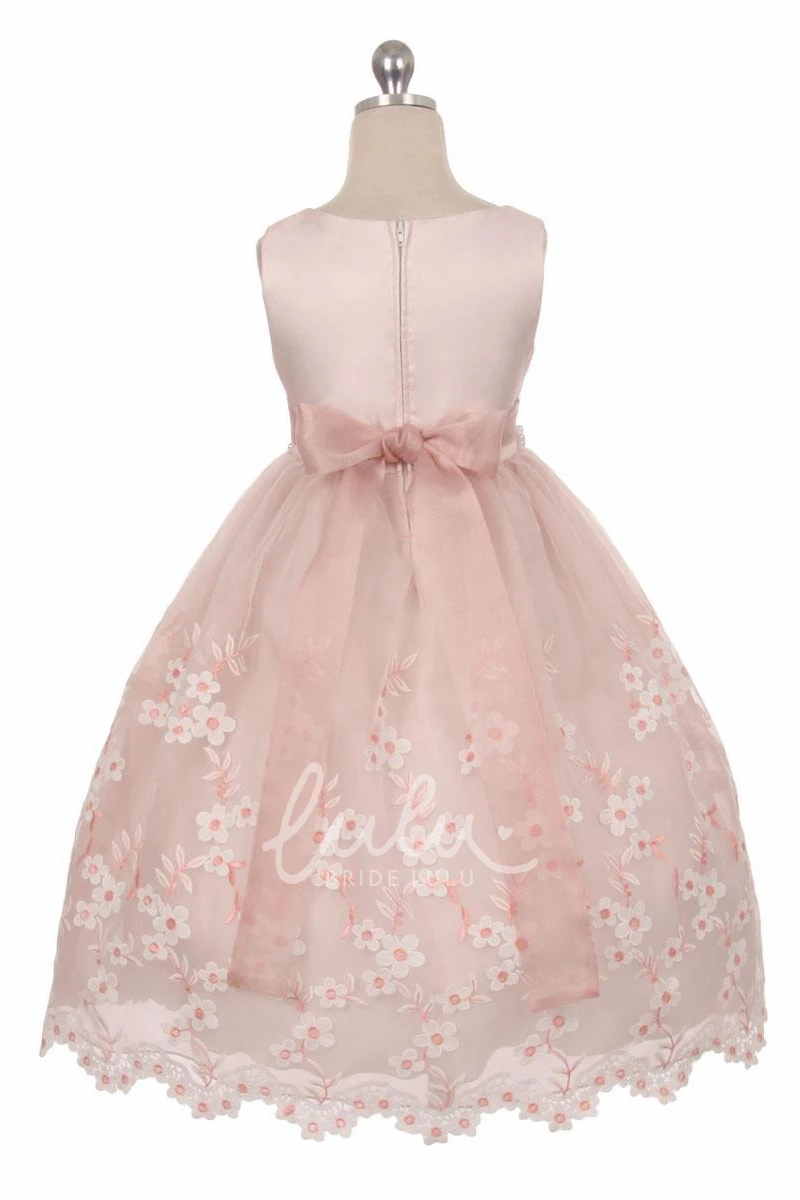 Beaded Lace and Organza Flower Girl Dress with Ribbon Tea-Length