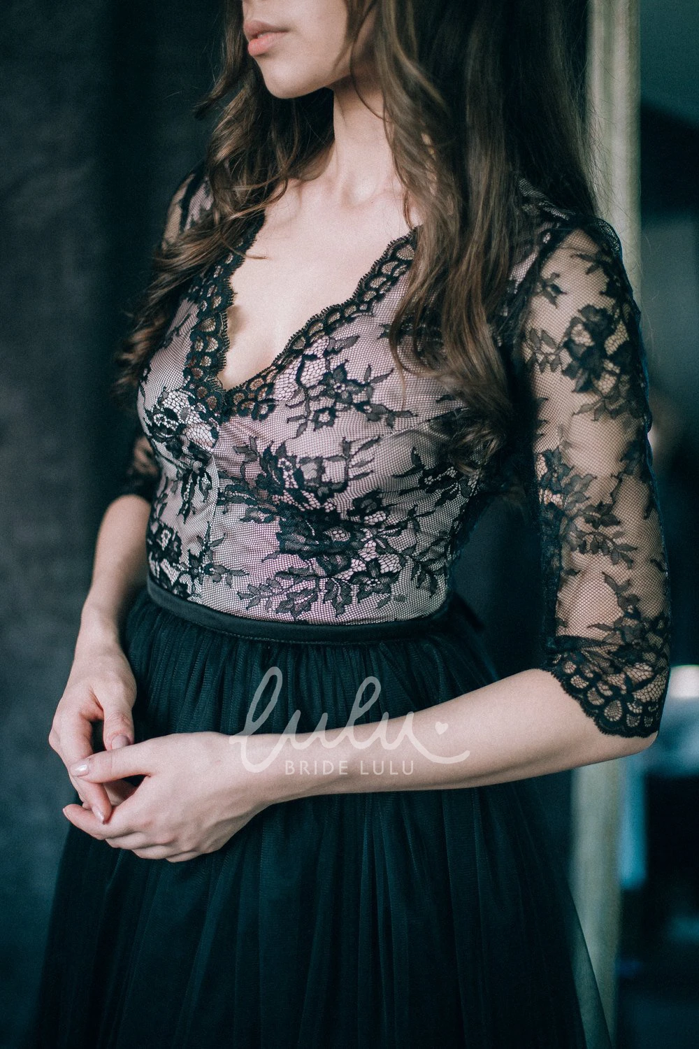 Black Lace Sheath Wedding Dress V-neck Illusion Low-V Back Long Sleeve Floor-length