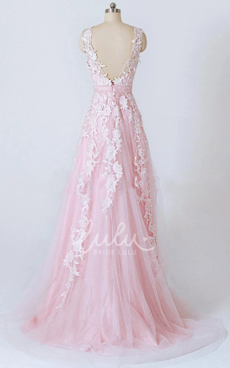 Lace A-line V-neck Formal Dress with Appliques and Low V Back