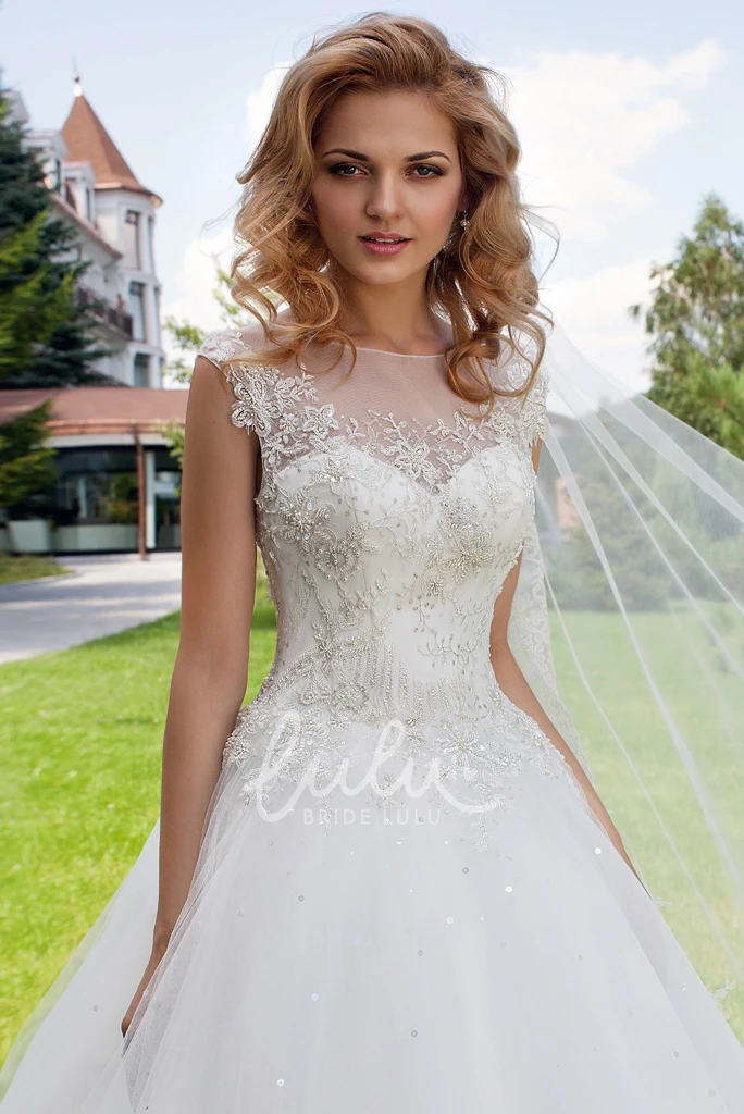 Maxi Tulle Wedding Dress with Illusion Back and Court Train Sleeveless Appliqued Bateau Neckline