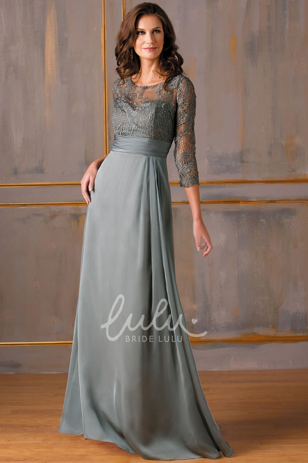Lace Bodice Gown with Keyhole Back and 3/4 Sleeves for Mother Of The Bride