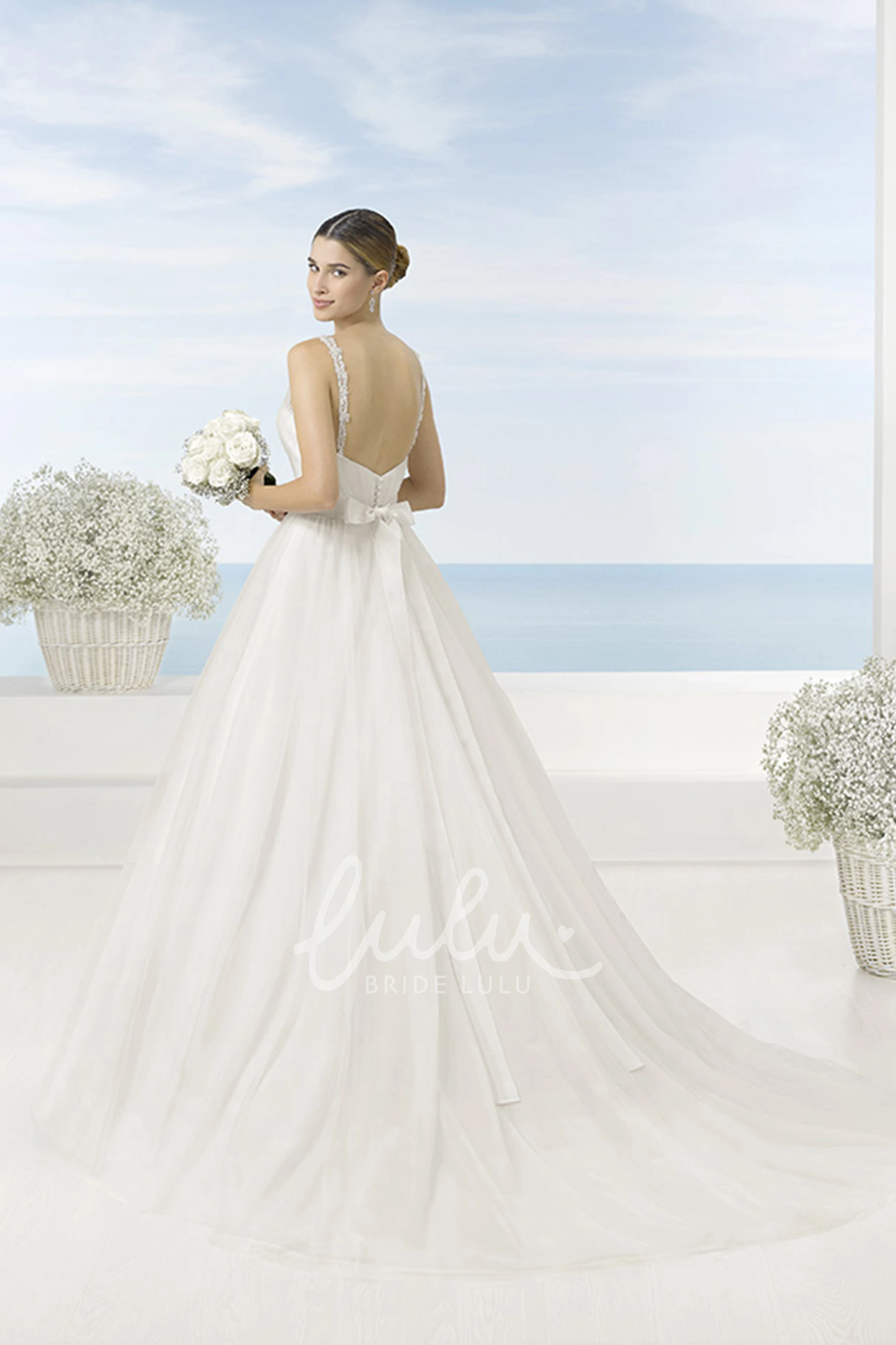 Beaded V-Neck Tulle Wedding Dress with Bow and Low-V Back A-Line Wedding Dress