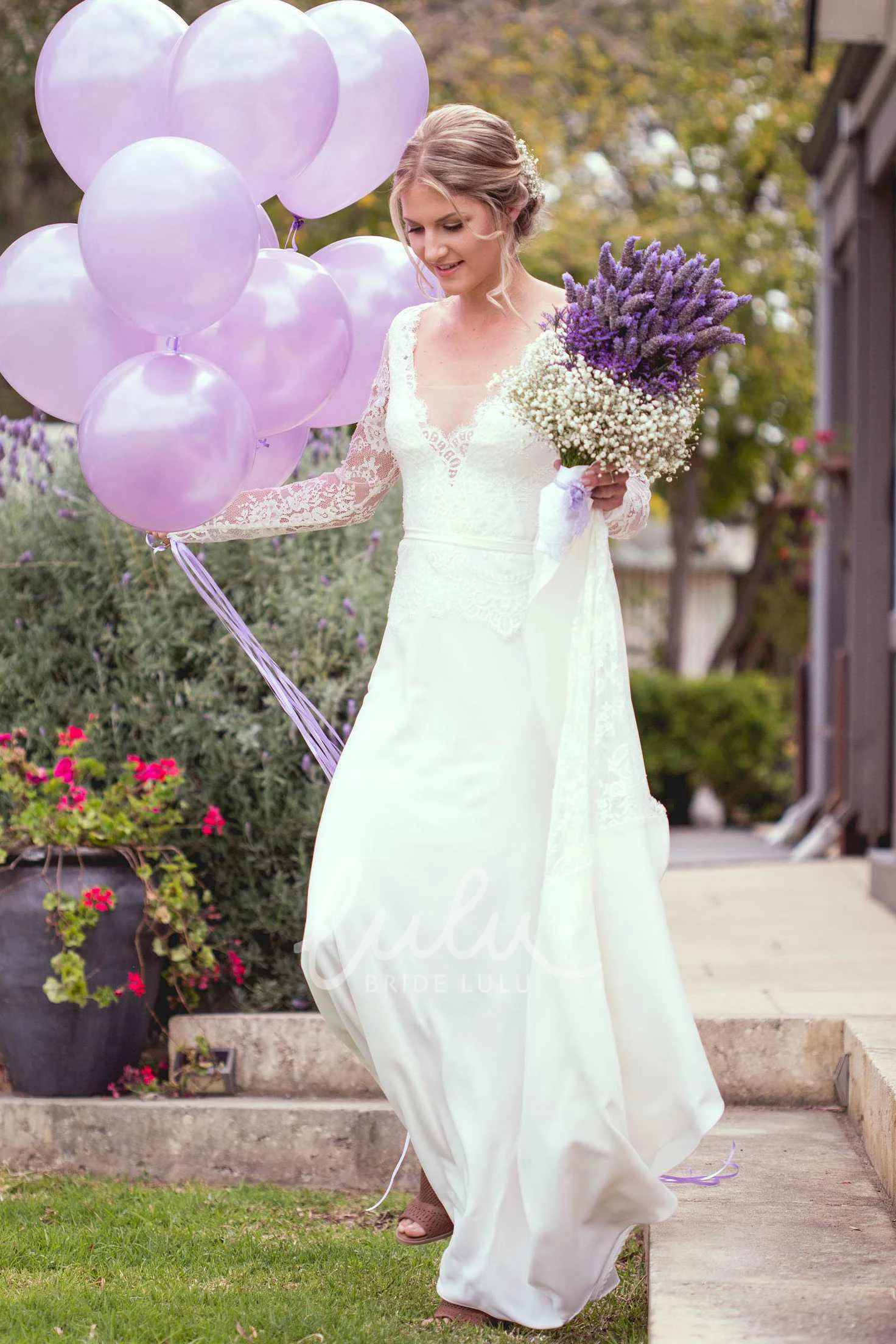 Illusion Chiffon Backless Dress with Sweep Train and Lace Sleeves