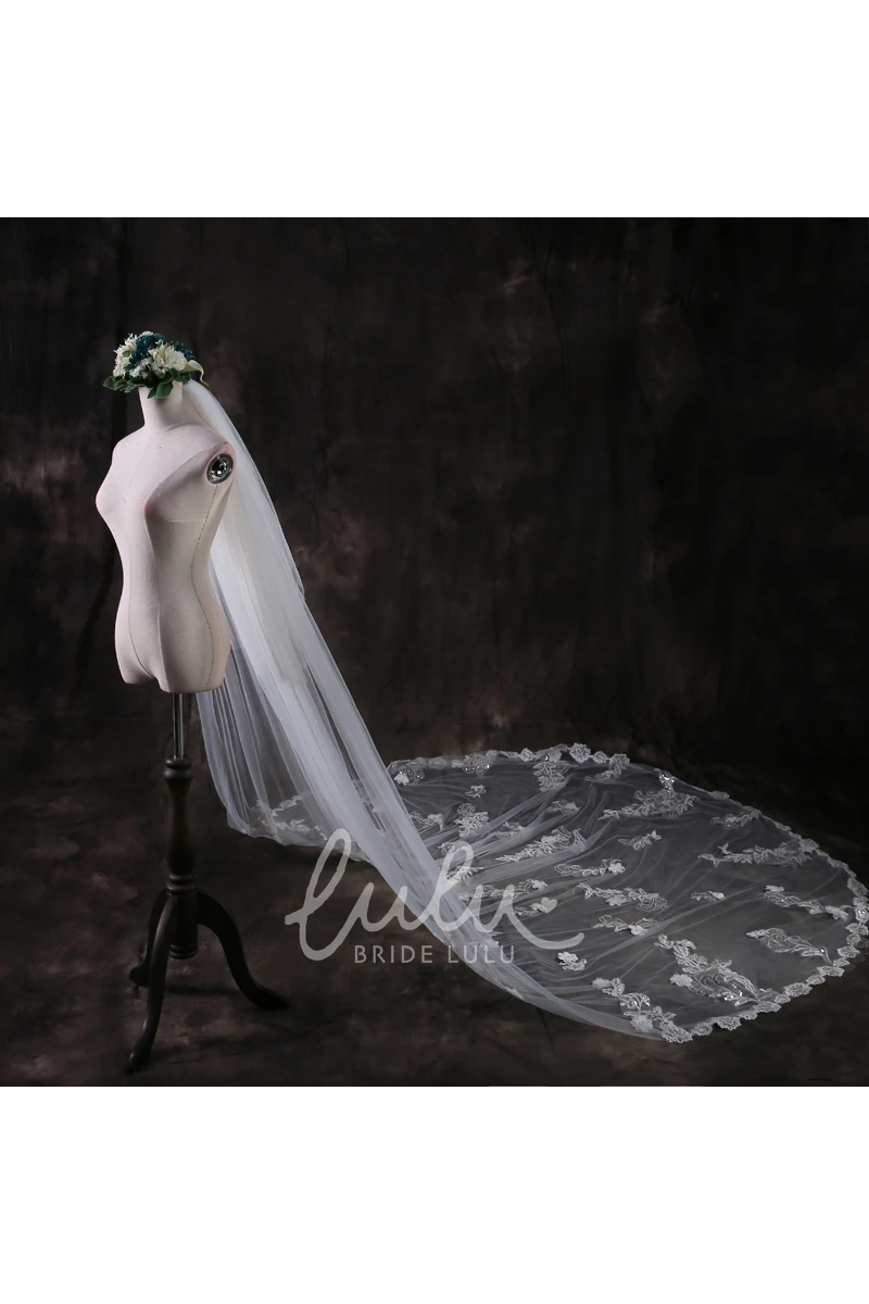 Cathedral Tulle Wedding Veil Ethereal Lace Appliques & Flowers